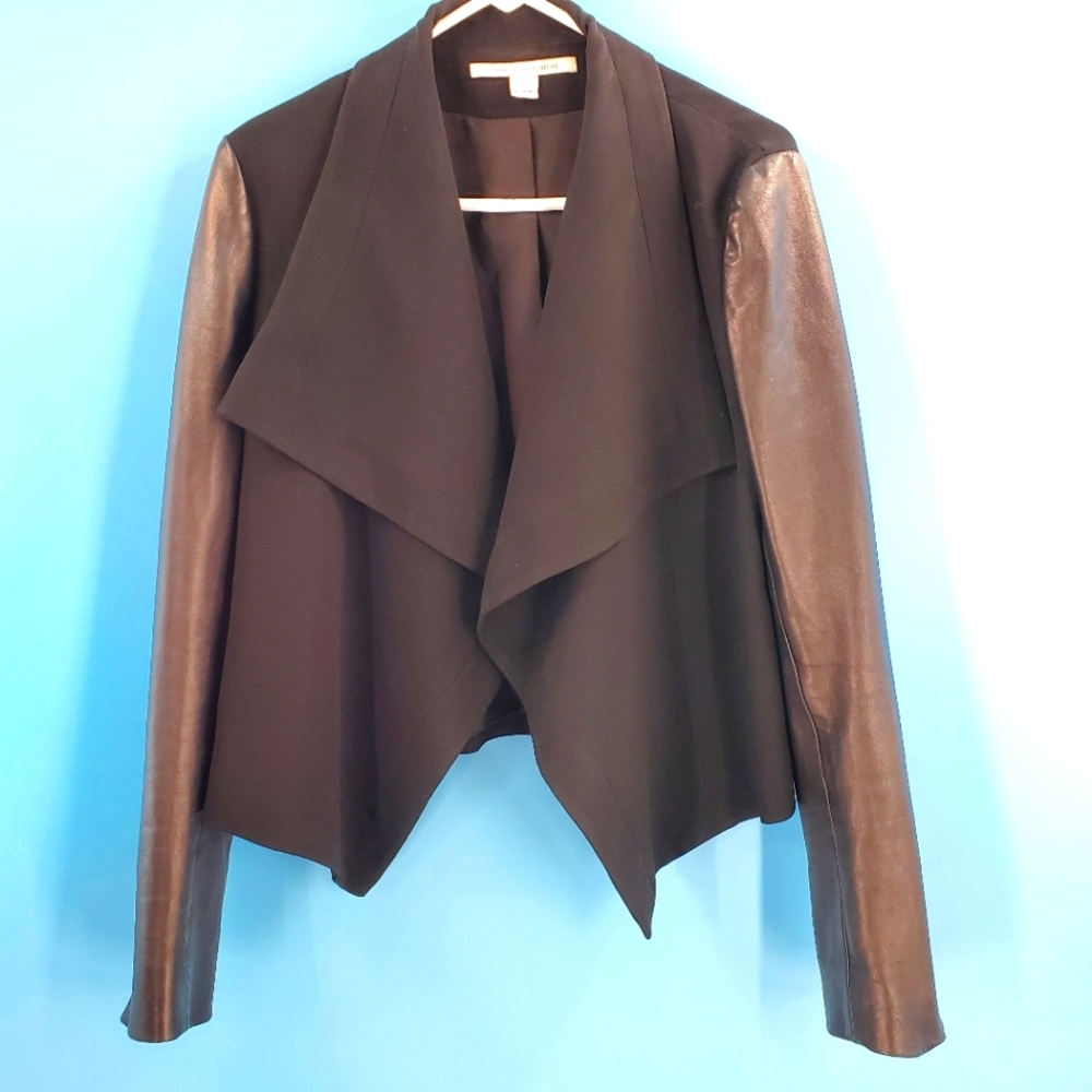 Diane vonFurstenberg black leather sleeved open front jacket 12 Tribecca DVF